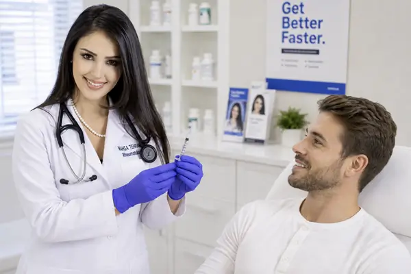 Dr. Mahsa Tehrani giving fatique buster shots to patient