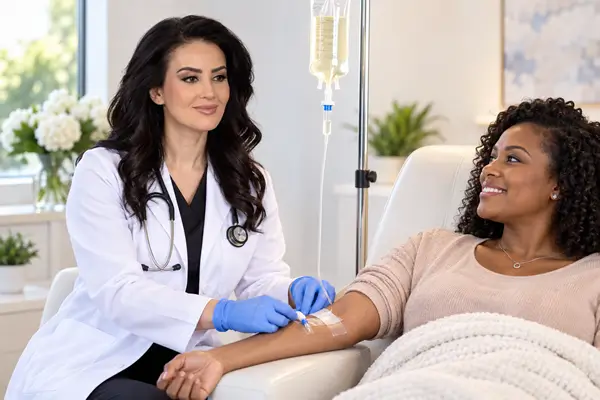Dr. Mahsa Tehrani giving IV Therapy to patient Dr. Mahsa Tehrani giving IV Therapy to patient